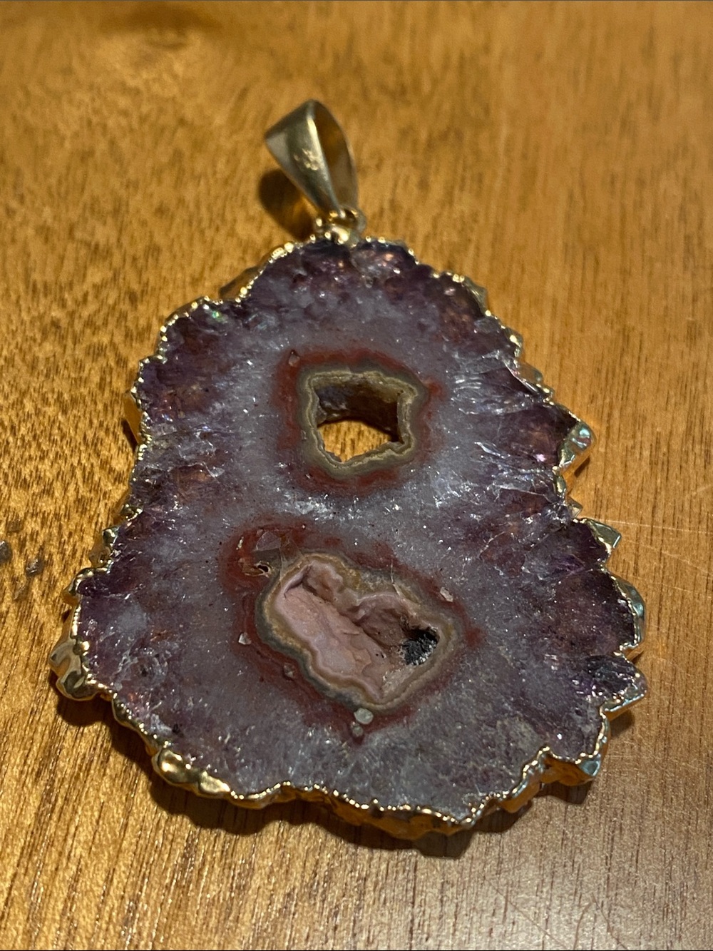 Purple Agate Geode Slice Pendant with Gold Edge